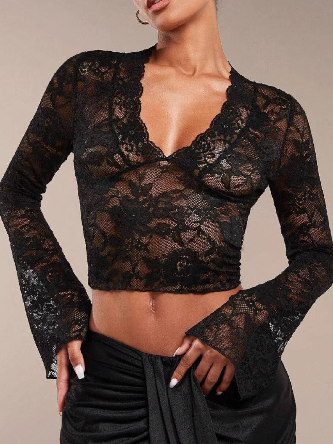 Women's Lace V-Neck Flare Sleeve Top