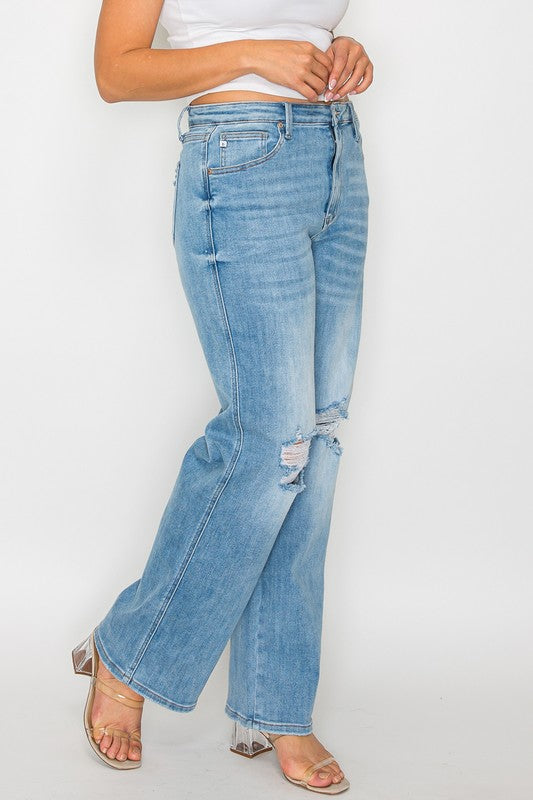 Women's Distressed High Rise Straight Leg Jeans