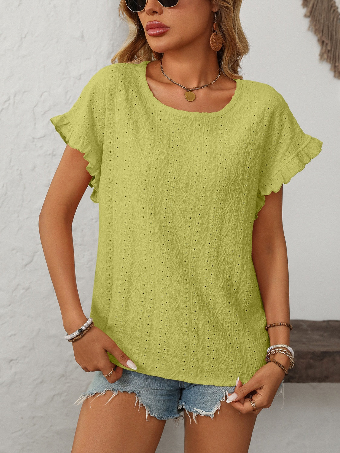 Women's Mandy Eyelet Round Neck Short Sleeve Top