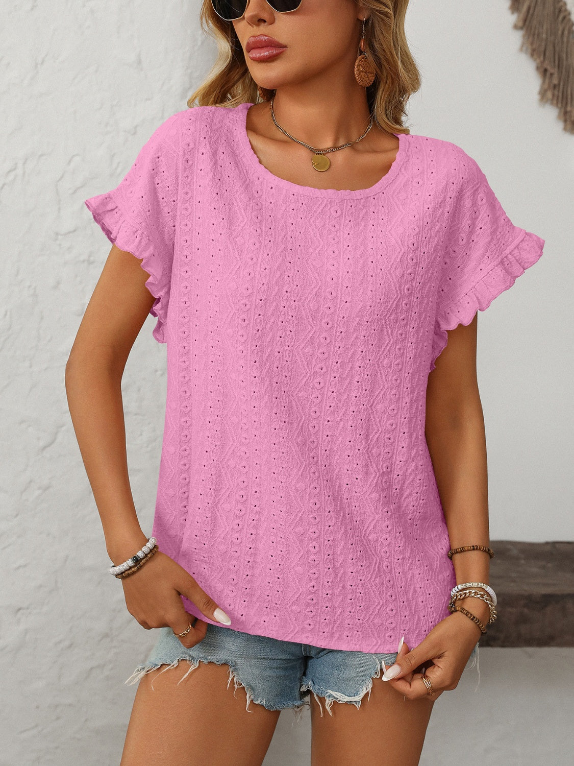 Women's Mandy Eyelet Round Neck Short Sleeve Top