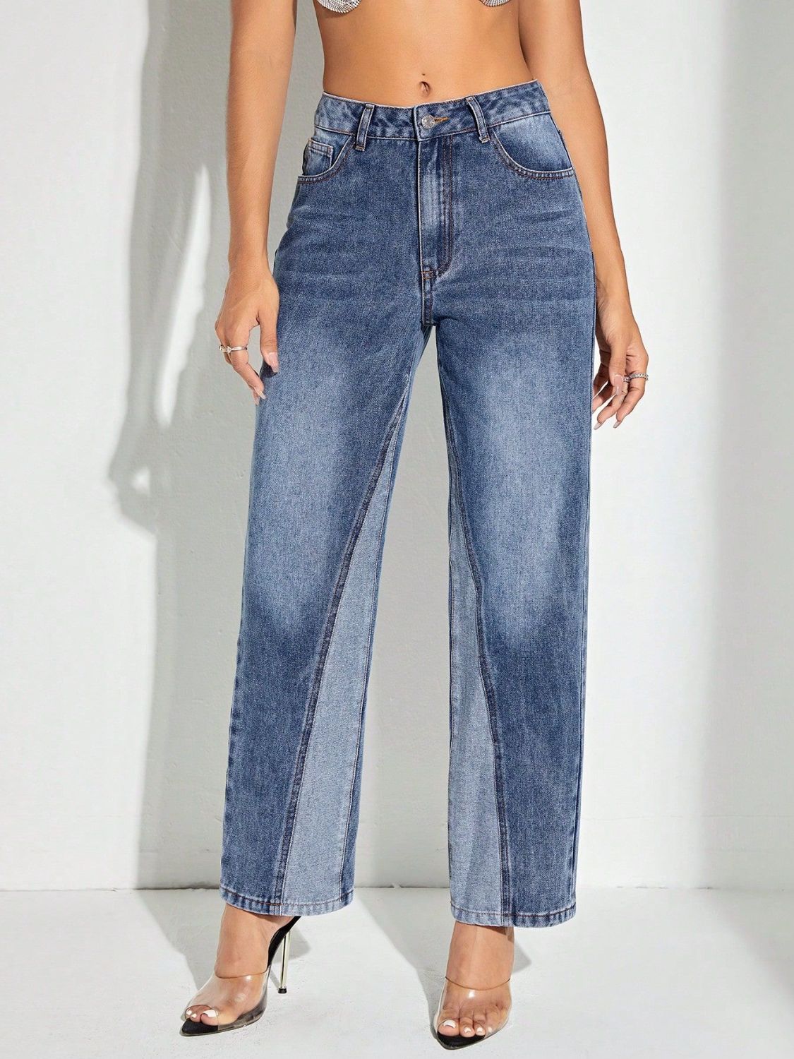 Women's Contrast Patchwork Straight Jeans