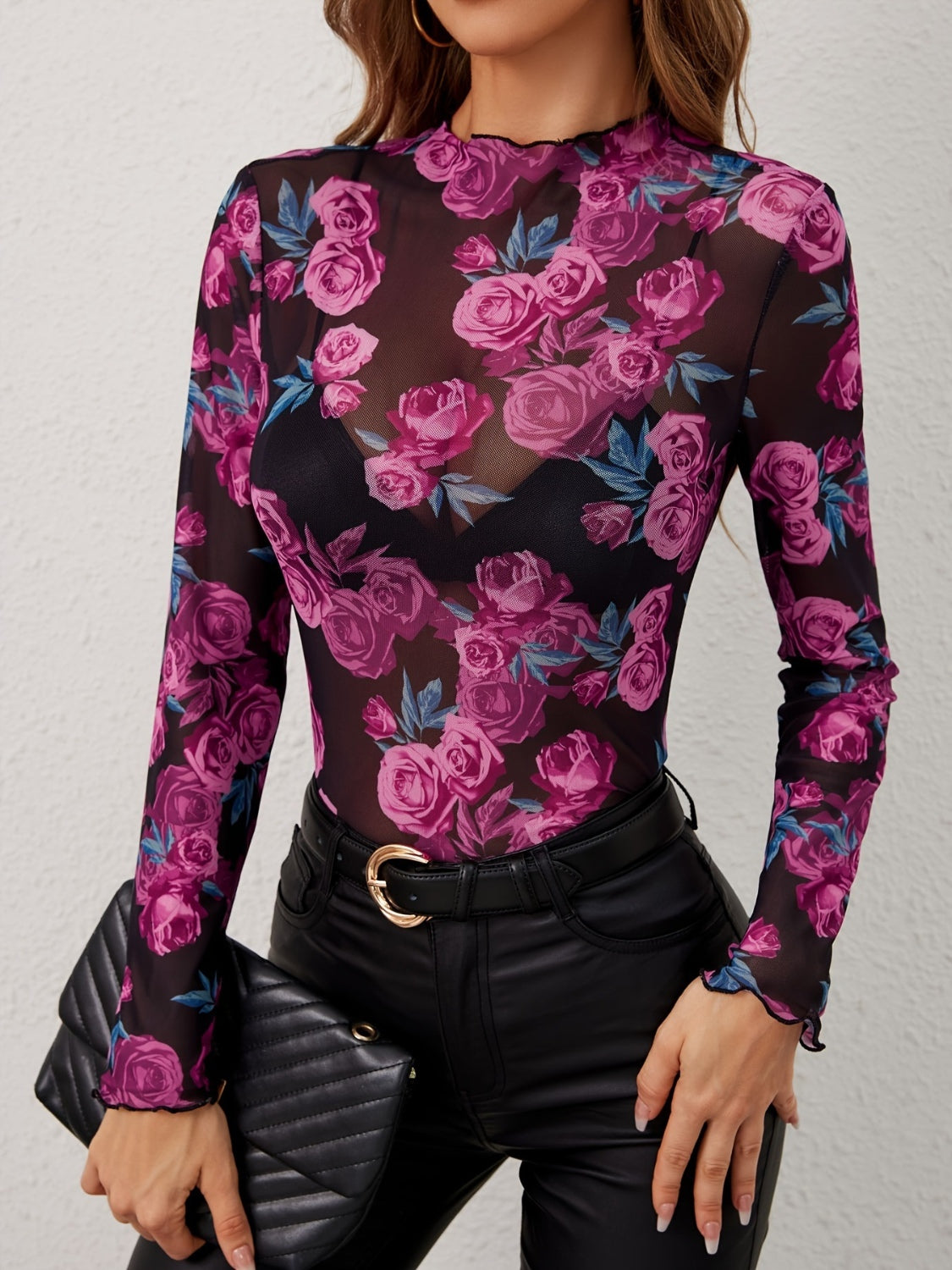 Women's Floral Mock Neck Long Sleeve Top