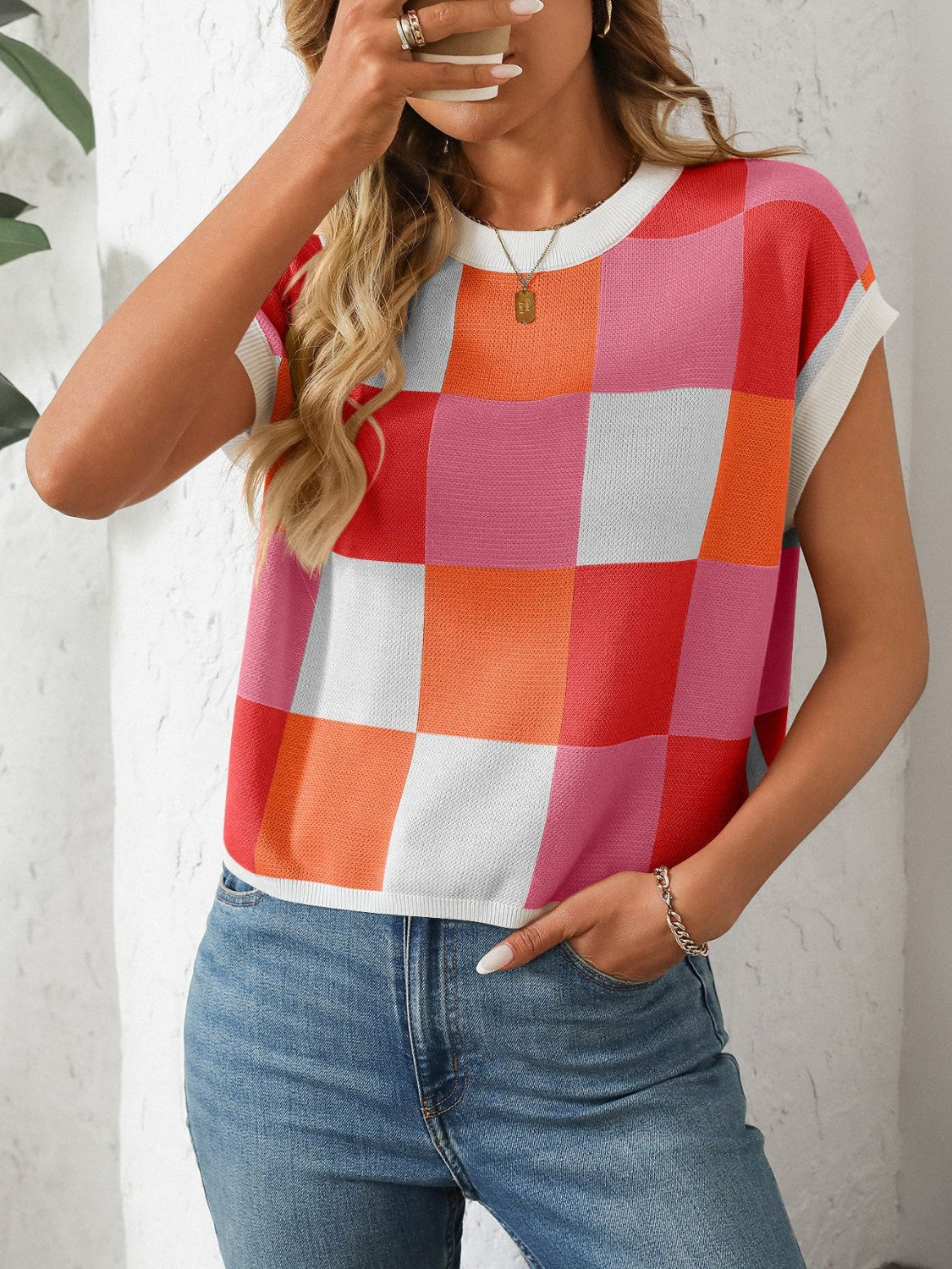 Women's Mandy Checkered Round Neck Top