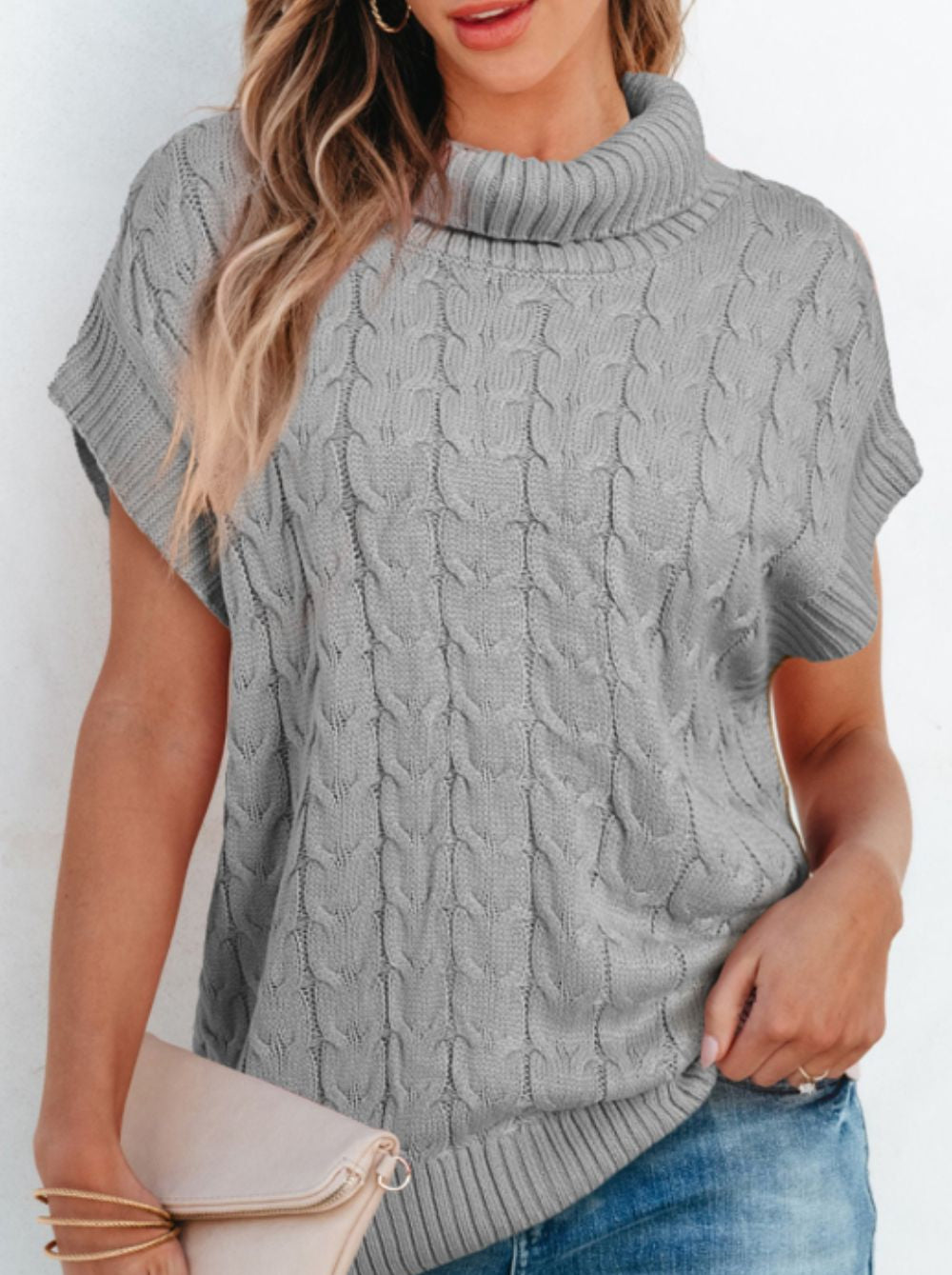 Women's Cable Knit Turtleneck Short Sleeve Top