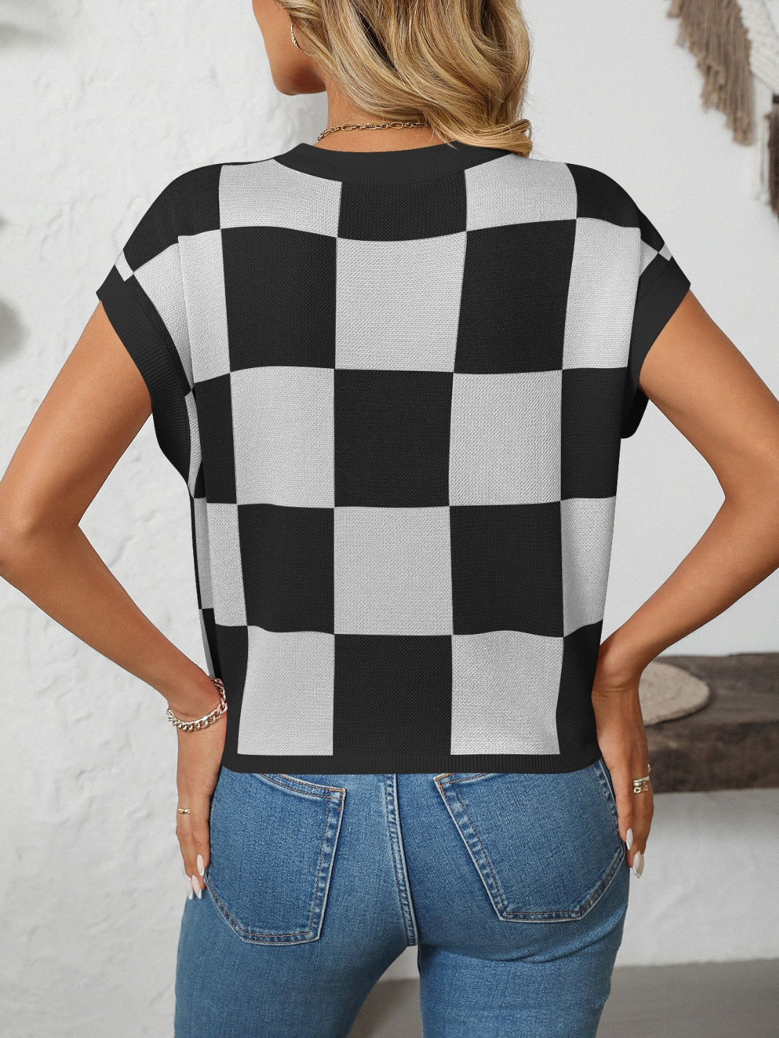 Women's Mandy Checkered Round Neck Top