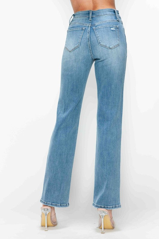 Women's Distressed High Rise Straight Leg Jeans