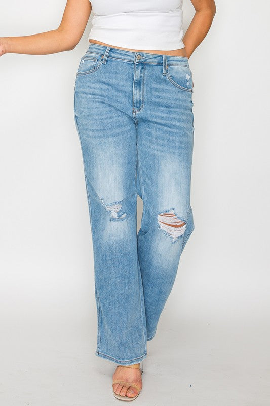 Women's Distressed High Rise Straight Leg Jeans