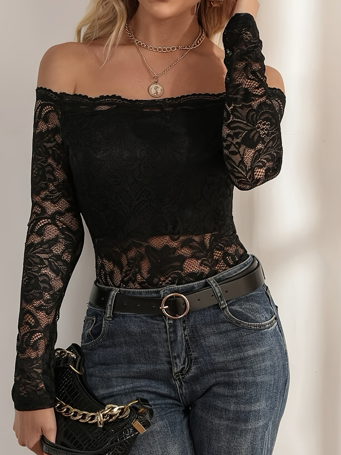 Women's Off-Shoulder Long Sleeve Lace Top