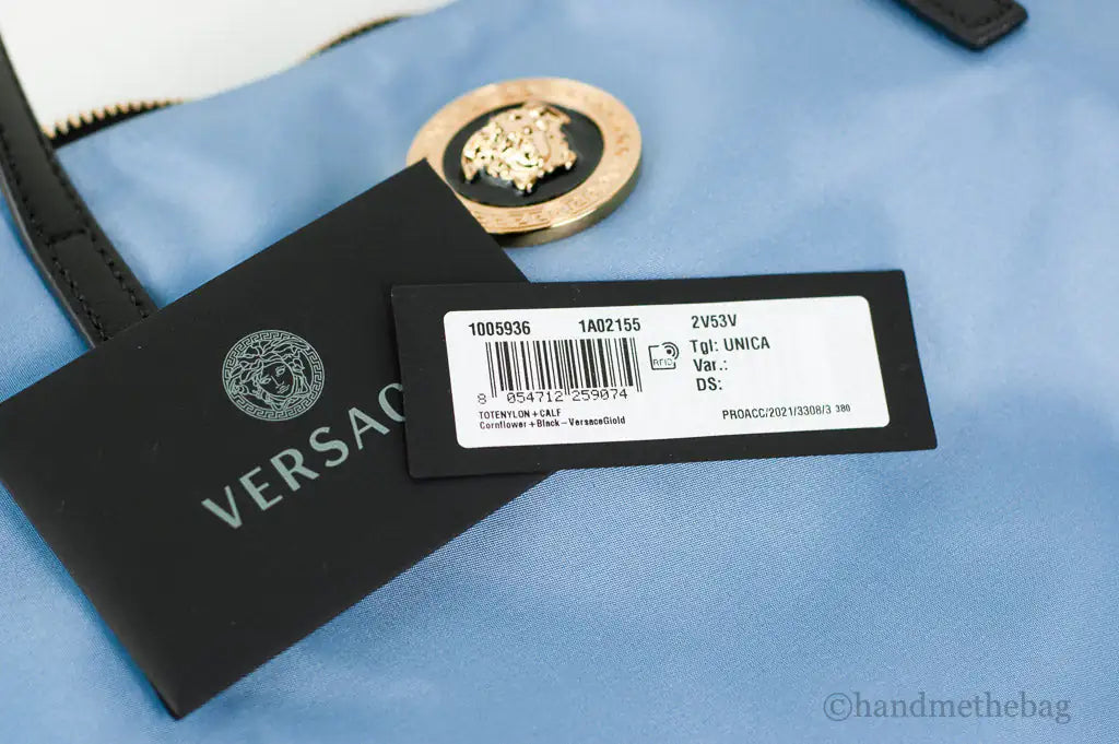 Versace Portuna Medusa Cornflower Blue Nylon Leather Tote