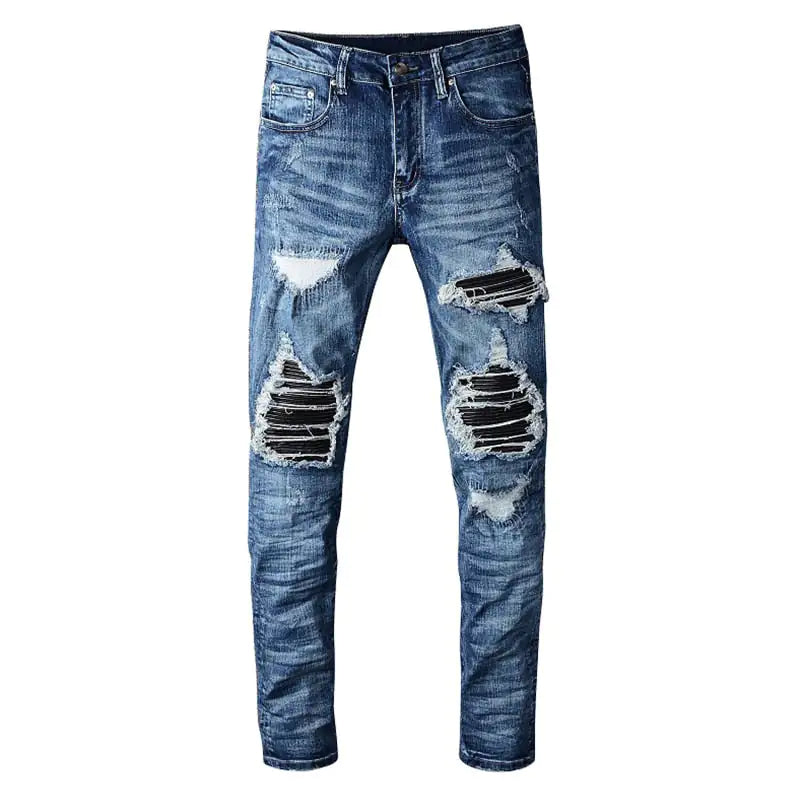 Men's Blue Black Patch Ripped Jeans