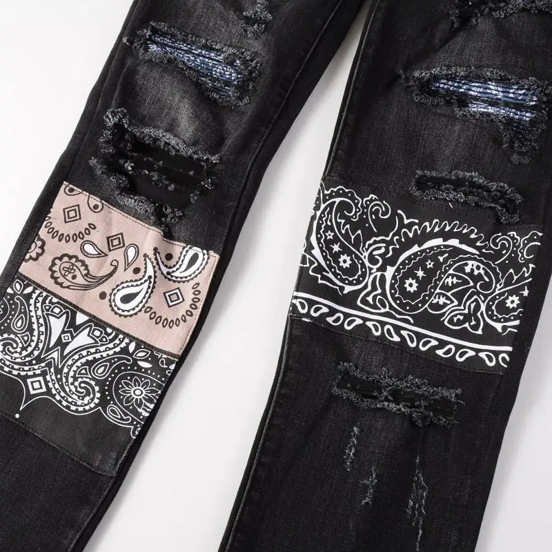 Men's Ripped Bandana Print Jeans