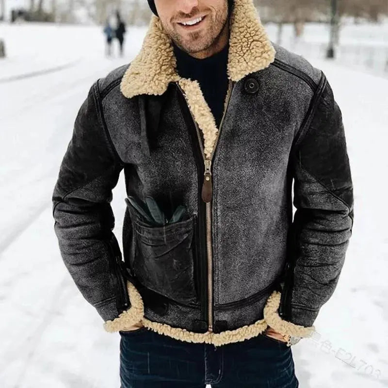 Men's Lapel Zipper Frosted Velvet Winter Coat