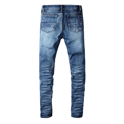 Men's Blue Black Patch Ripped Jeans