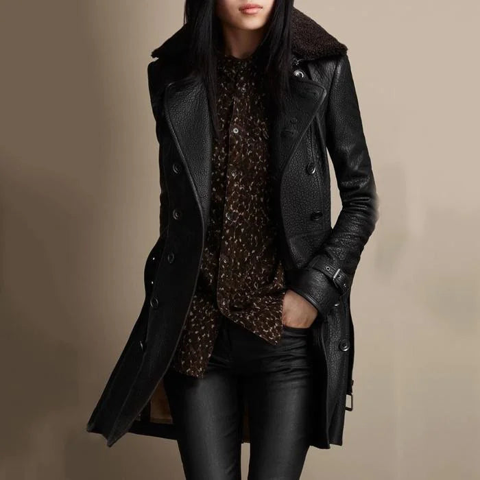 Women's Slim-Fit Faux Leather Double-Breasted Coat