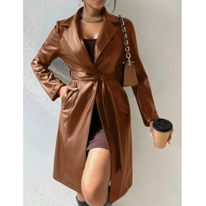 Women's Slim Fit Leather Trench Coat