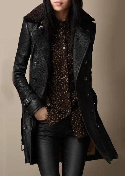 Women's Slim-Fit Faux Leather Double-Breasted Coat