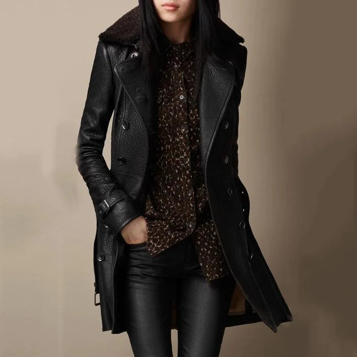 Women's Slim-Fit Faux Leather Double-Breasted Coat