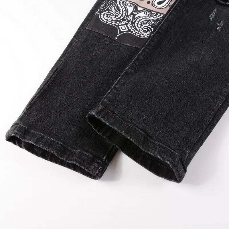 Men's Ripped Bandana Print Jeans