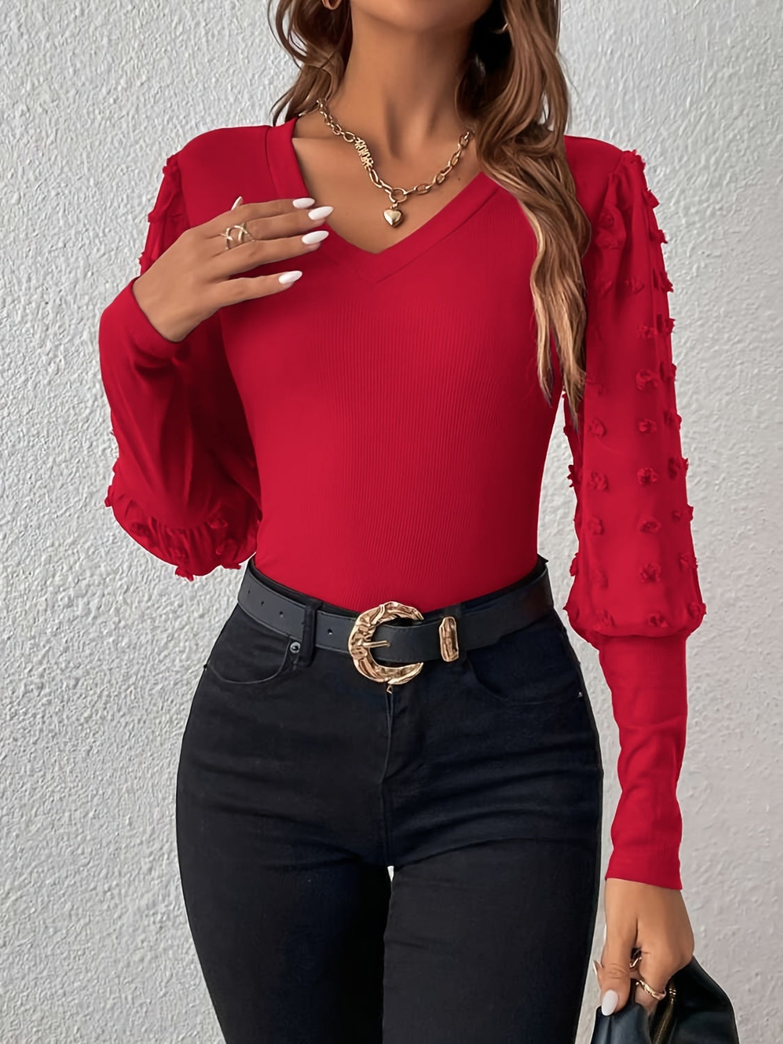 Women's Swiss Dot V-Neck Long Sleeve Top