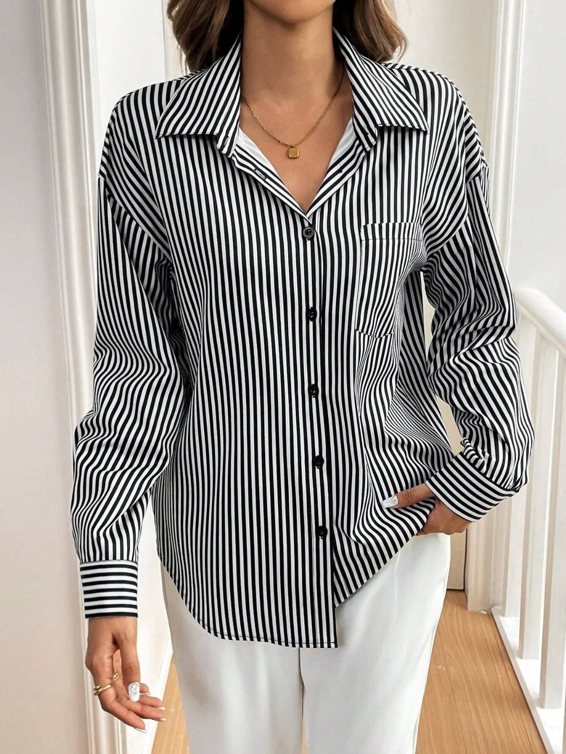 Women's Cutout Bow Back Striped Collared Neck Long Sleeve Top