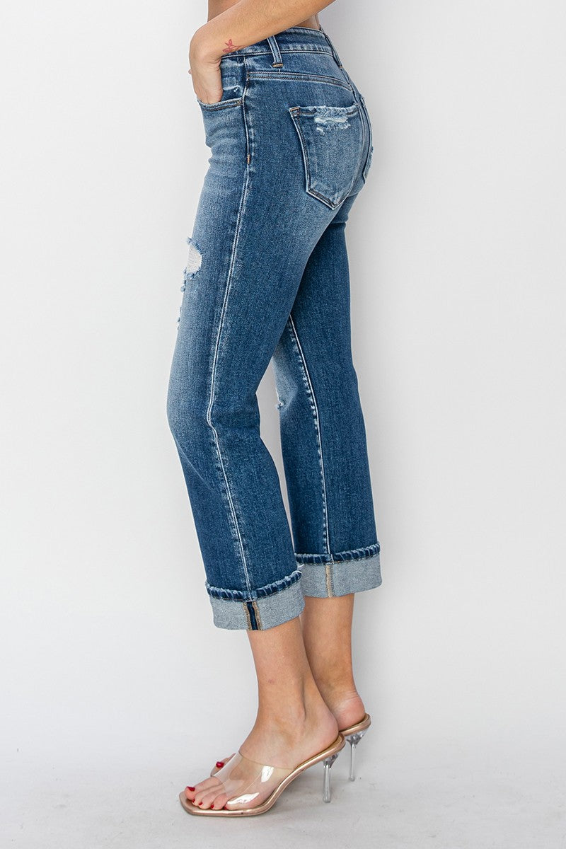 Women's Ankle Cuffed Distressed Straight Leg Jeans