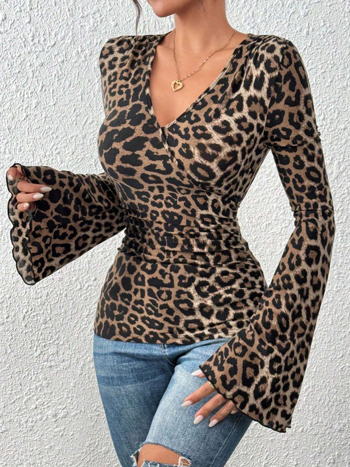 Women's Leopard Surplice Flare Sleeve Top