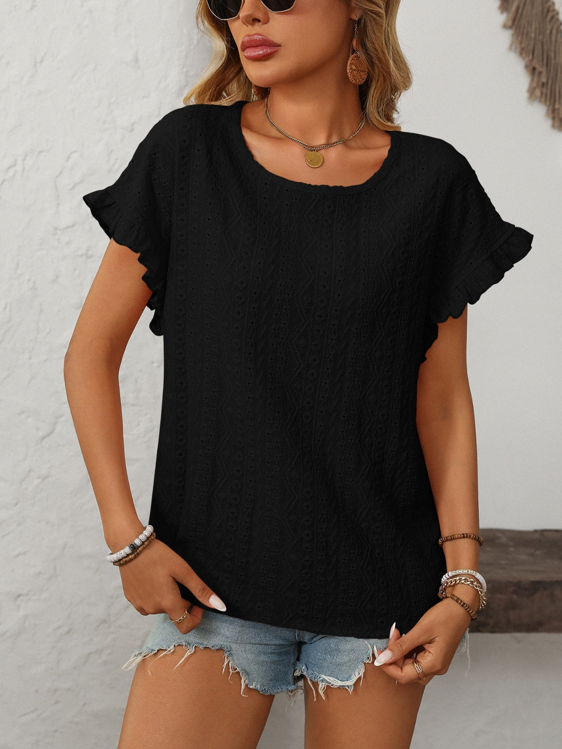 Women's Mandy Eyelet Round Neck Short Sleeve Top