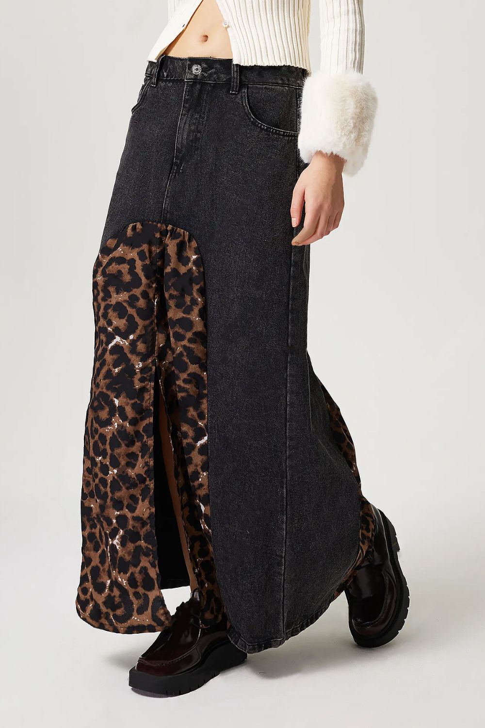 Slit Leopard Long Midi Denim Skirt