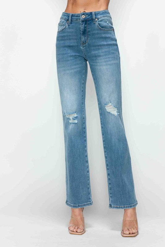 Women's Distressed High Rise Straight Leg Jeans