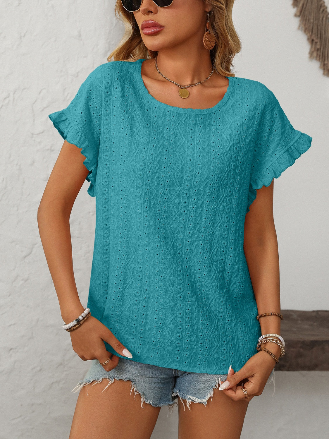 Women's Mandy Eyelet Round Neck Short Sleeve Top