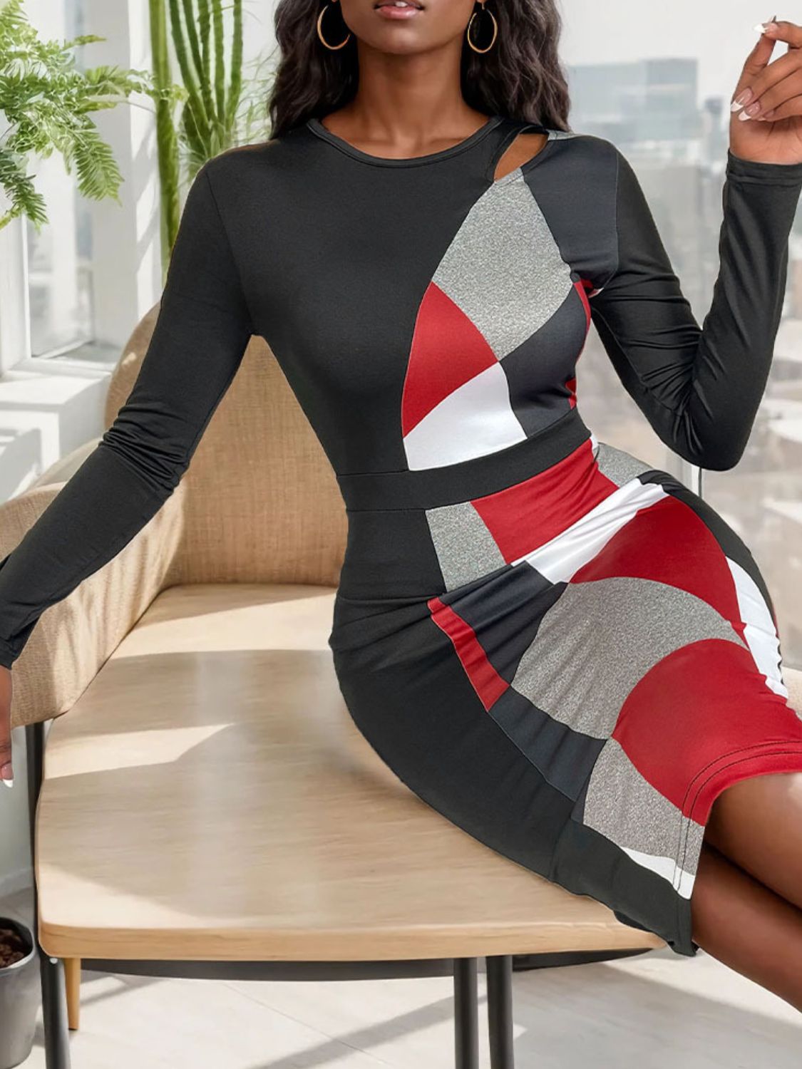 Cutout Color Block Long Sleeve Dress