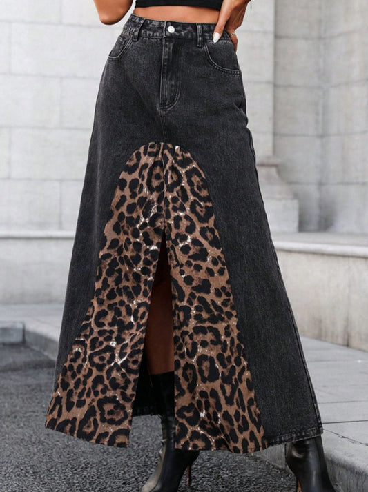 Slit Leopard Long Midi Denim Skirt