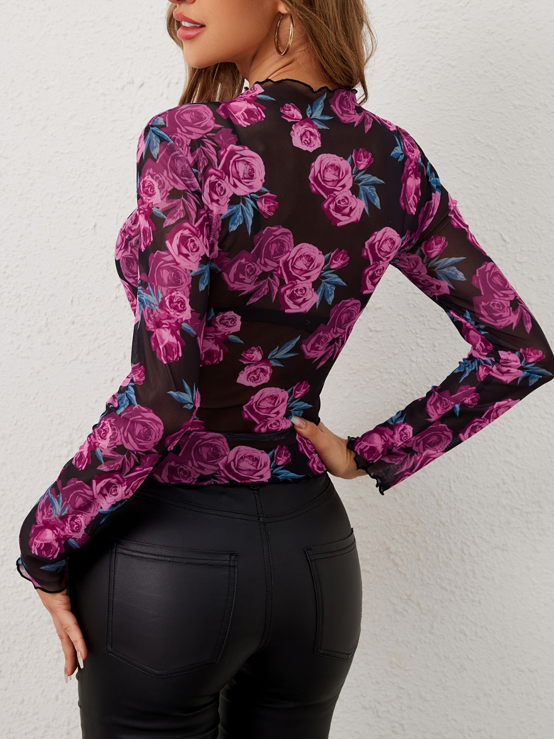 Women's Floral Mock Neck Long Sleeve Top