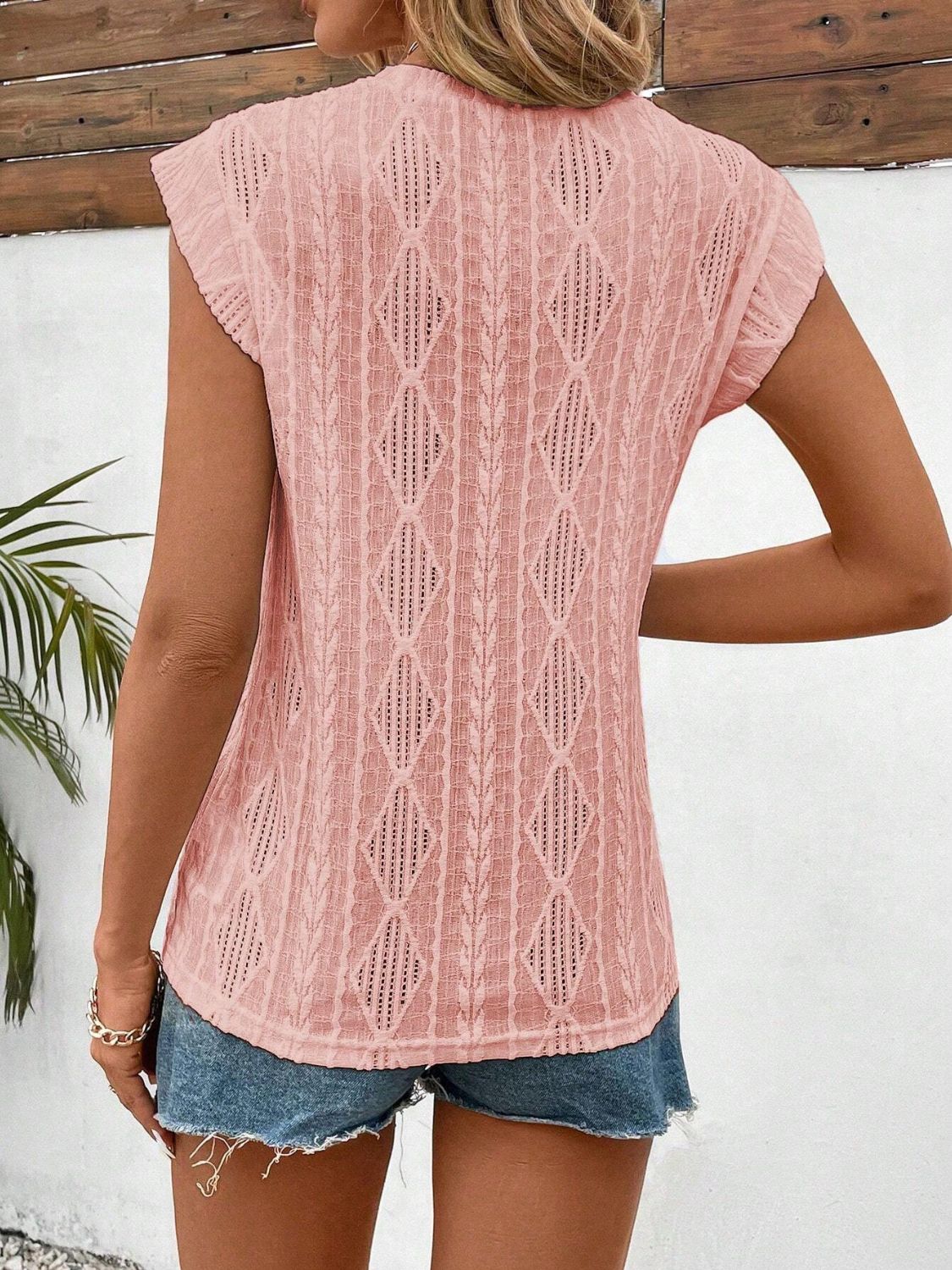 Women's Eyelet Round Neck Cap Sleeve Top