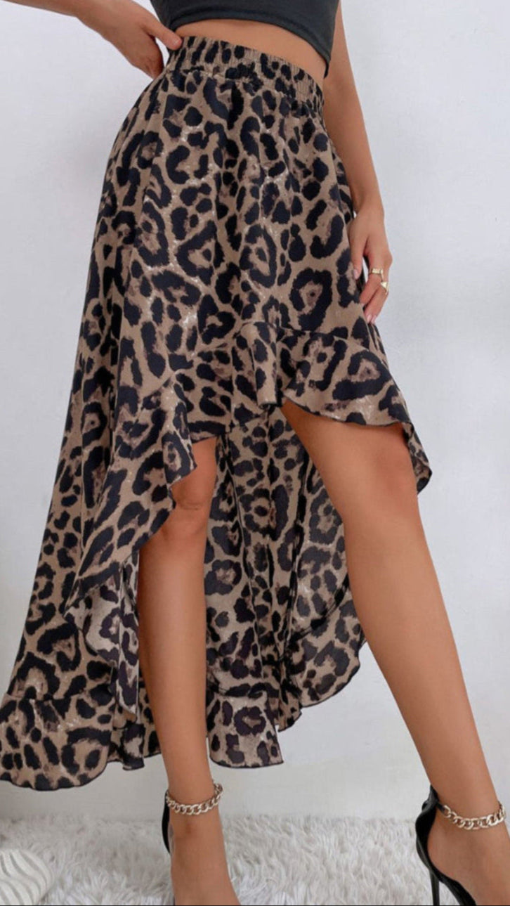 Leopard Ruffle Hem High-Low Skirt