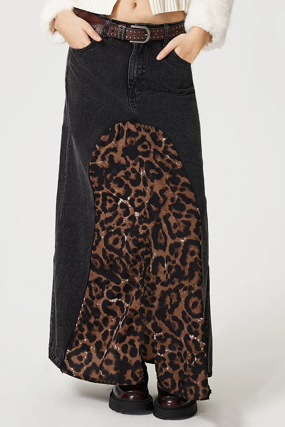 Slit Leopard Long Midi Denim Skirt