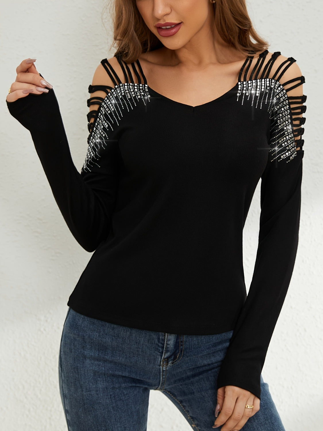 Women's Rhinestone Cutout Long Sleeve Top