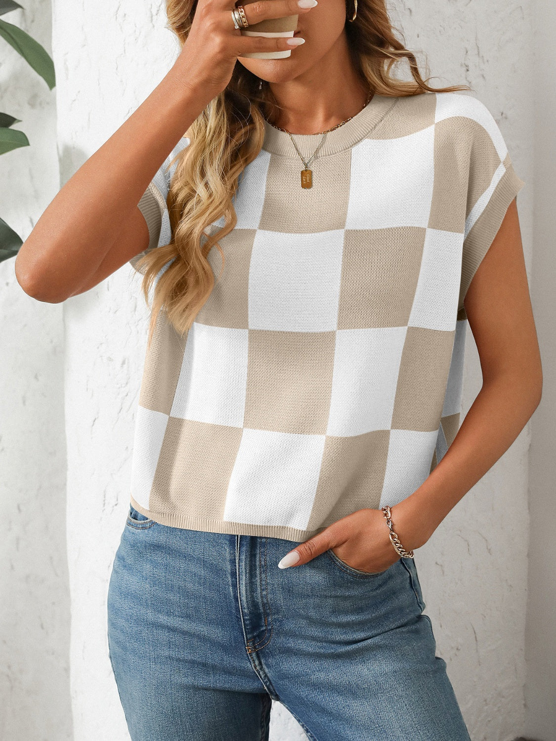 Women's Mandy Checkered Round Neck Top