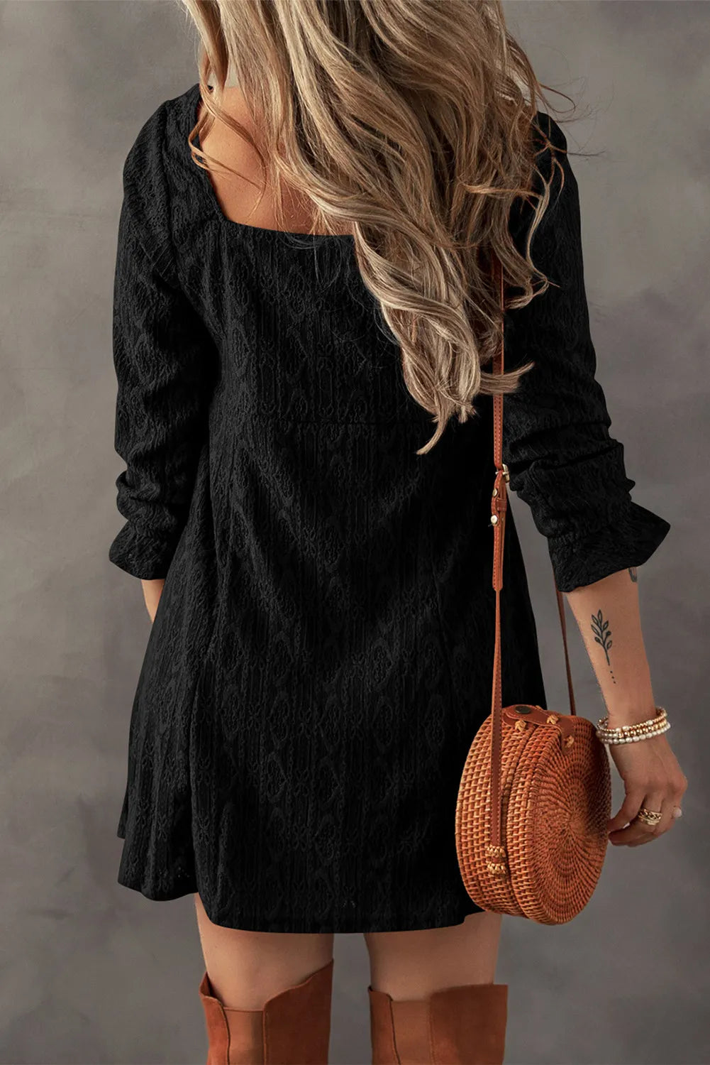 Vintage Textured Square Neck Mini Dress