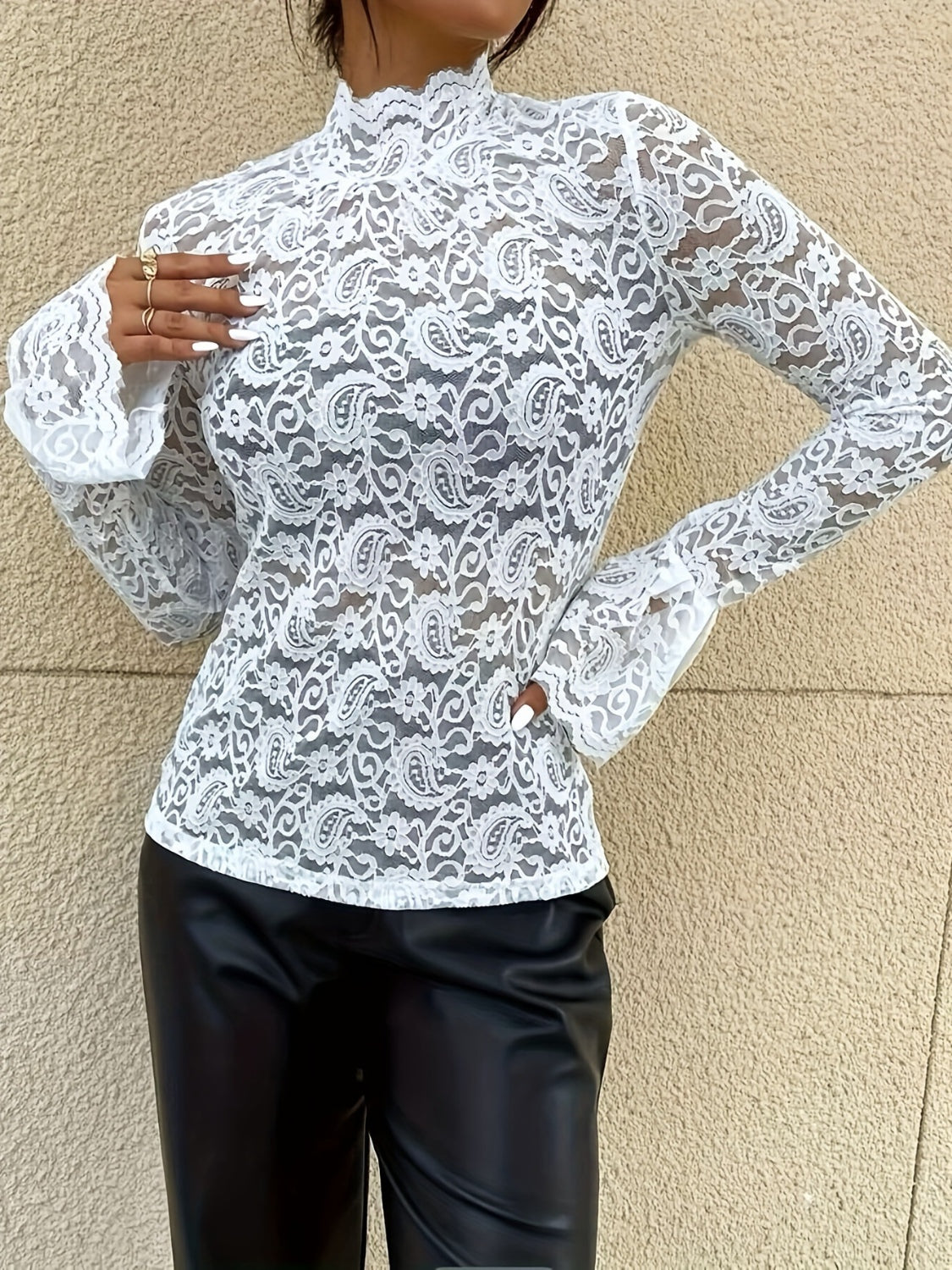 Women's Mock Neck Long Sleeve Lace Top