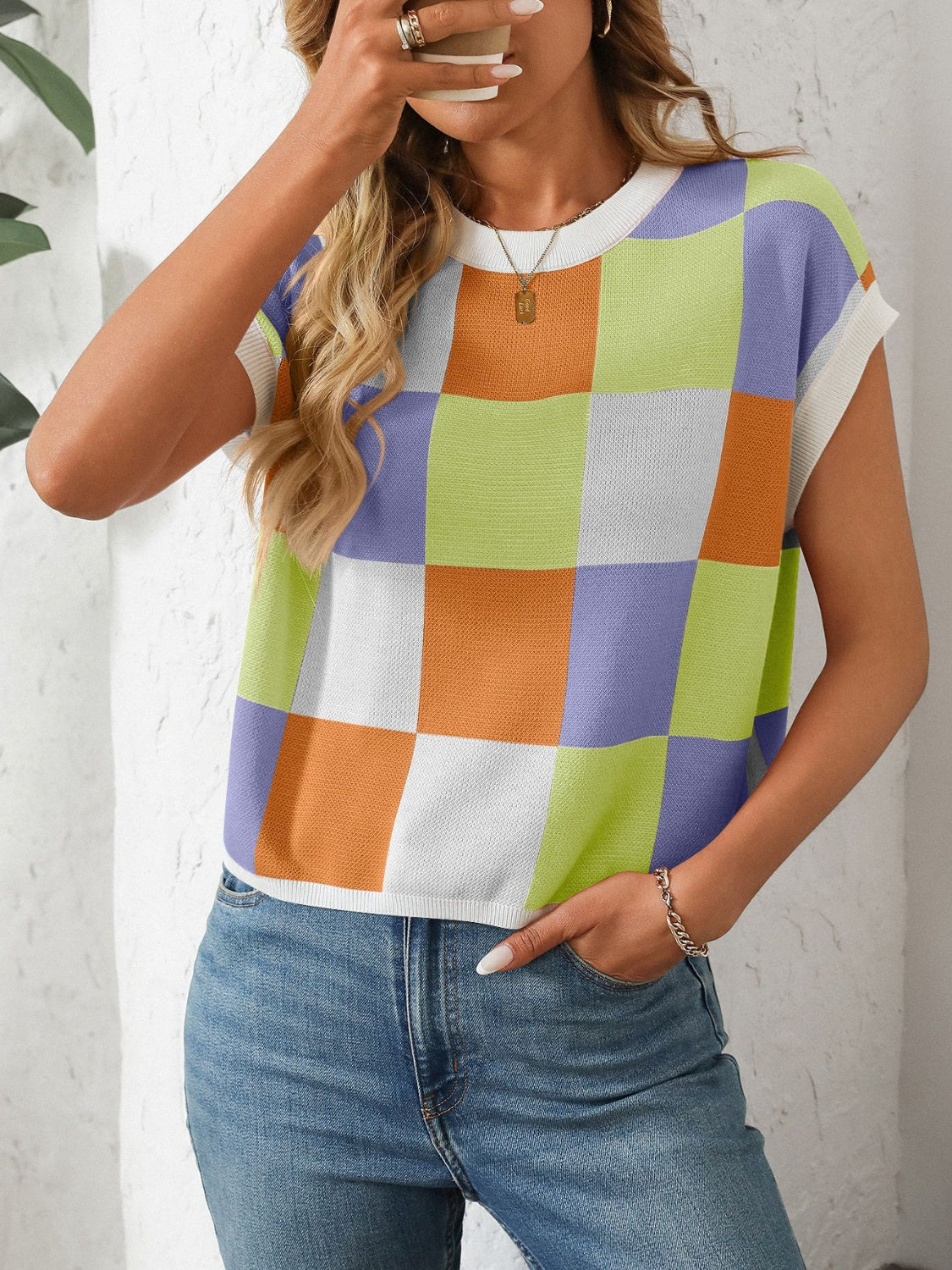 Women's Mandy Checkered Round Neck Top