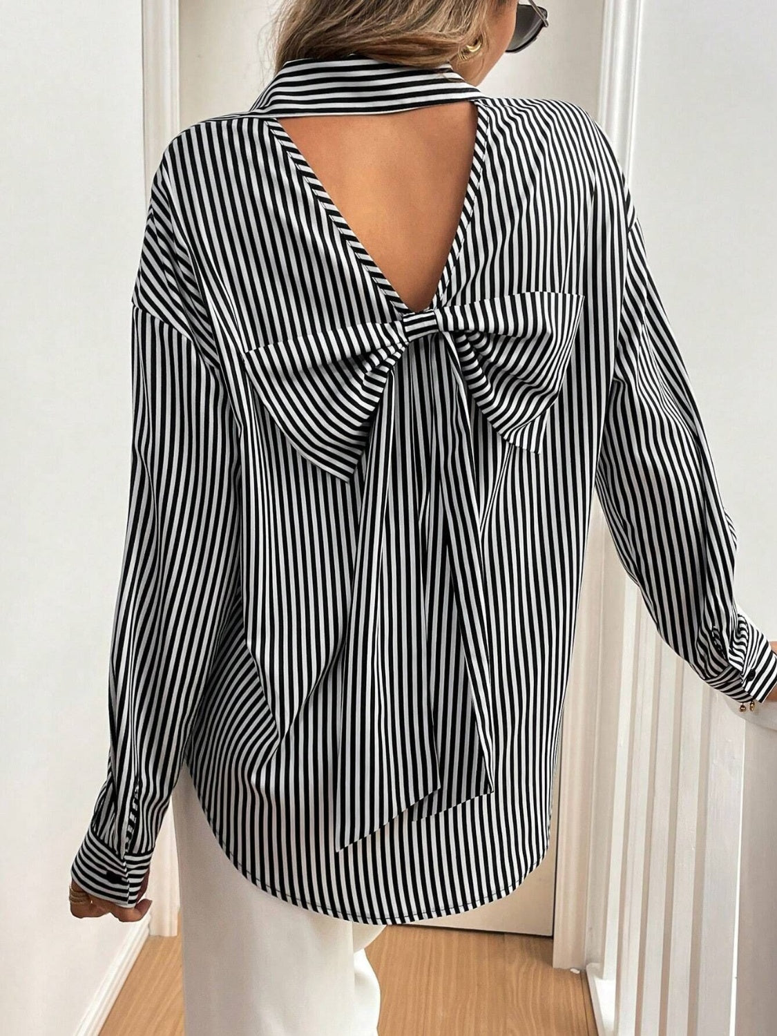 Women's Cutout Bow Back Striped Collared Neck Long Sleeve Top