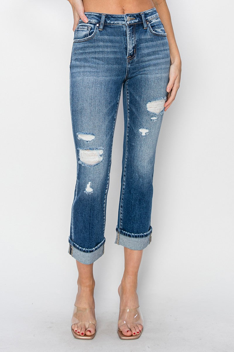 Women's Ankle Cuffed Distressed Straight Leg Jeans