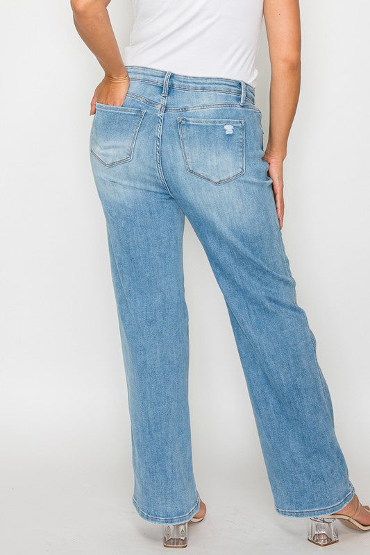 Women's Distressed High Rise Straight Leg Jeans