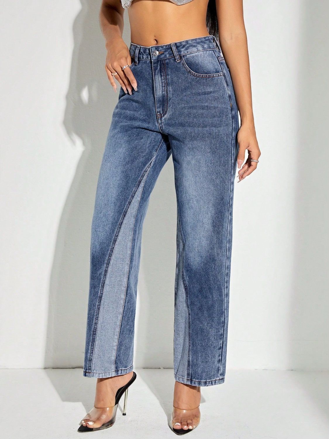 Women's Contrast Patchwork Straight Jeans