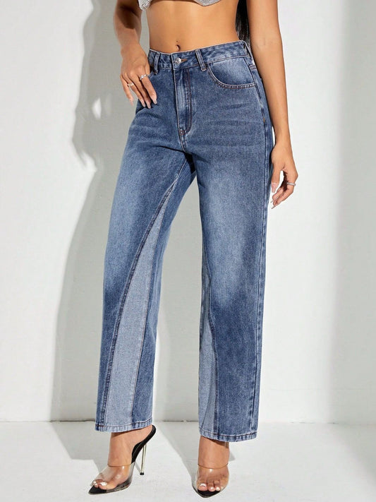 Women's Contrast Patchwork Straight Jeans