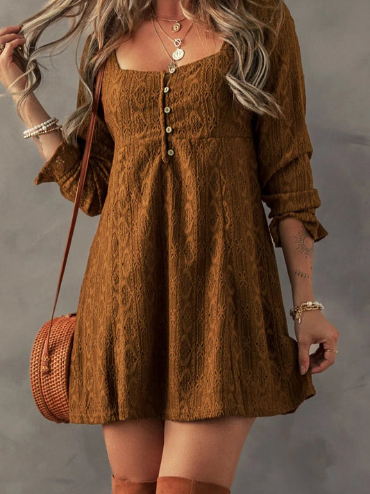 Vintage Textured Square Neck Mini Dress