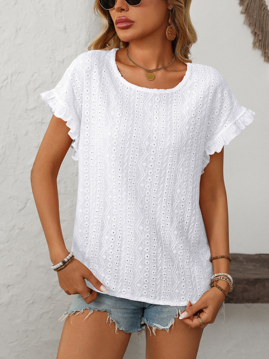 Women's Mandy Eyelet Round Neck Short Sleeve Top