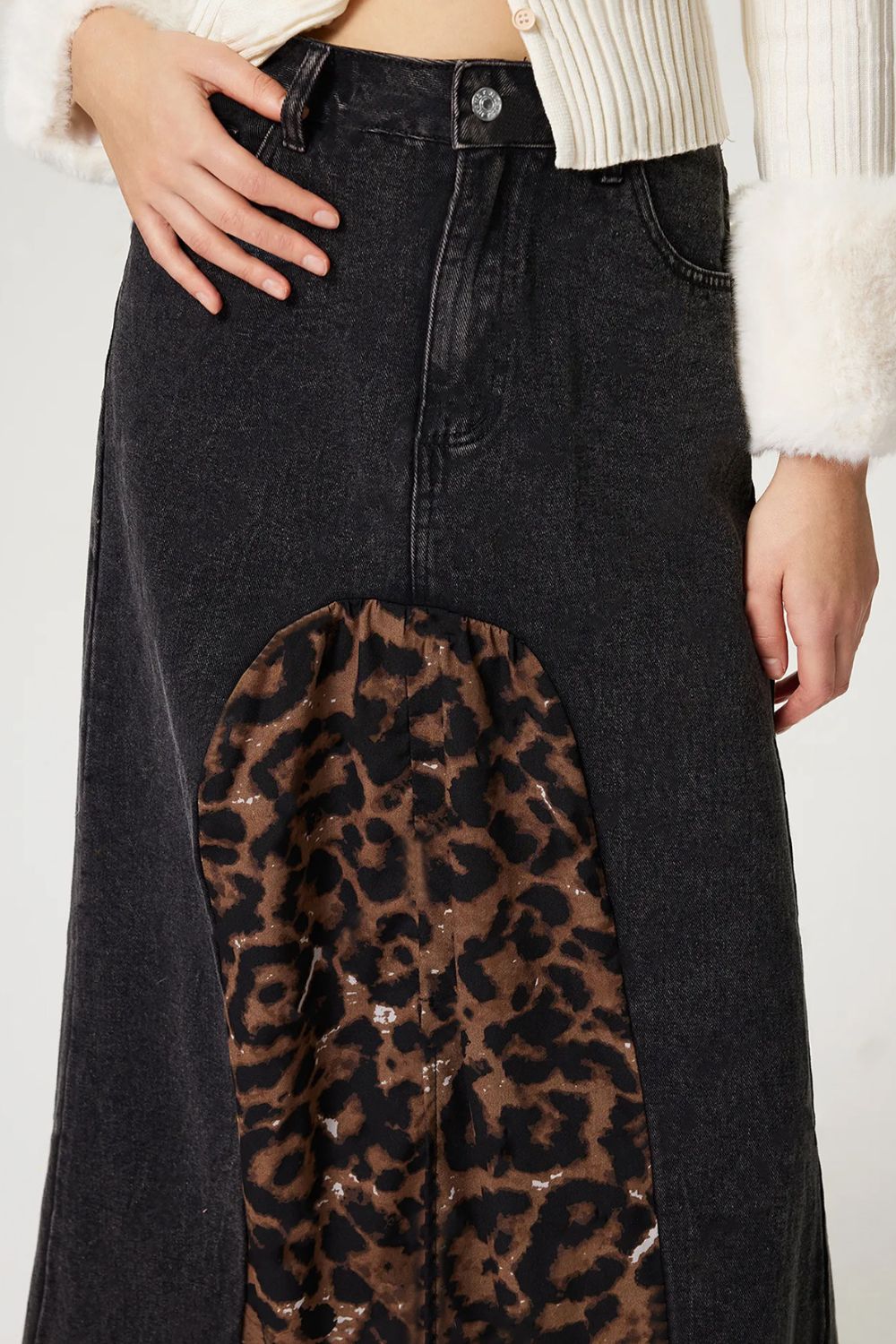 Slit Leopard Long Midi Denim Skirt