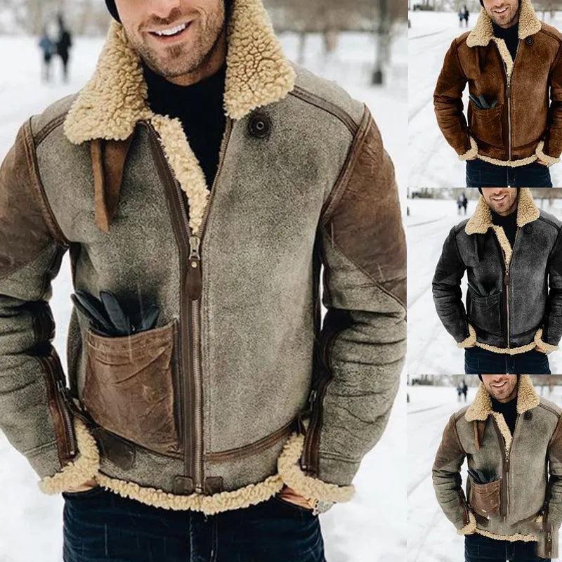 Men's Lapel Zipper Frosted Velvet Winter Coat